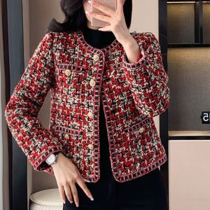 Áo Khoác Len Dày Màu Đỏ Cho Nữ Thu Đông Cỡ Lớn Áo Len Kẻ Caro Cổ Tròn Tay Dài Thường Ngày Chất Liệu Khác Áo Khoác Ngoài