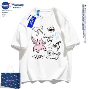 FXWASSUP | Cute Cat & Dog Print Slimming Cotton Short Sleeve T-shirt for Women