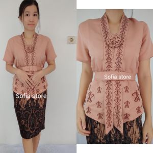Atasan Kebaya Kutubaru Bordir Remaja Dewasa Lengan Pendek Rihanna Warna Cappucino Model Bali Kartini