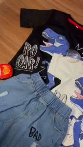 SETELAN CELANA JEANS ANAK LAKI DAN PEREMPUAN KATUN LENGAN PENDEK MOTIF DINO BIRU USIA 1-5 TAHUN