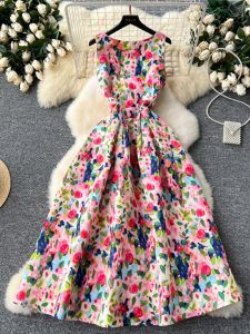Váy Vest Không Tay Cao Cấp Cho Nữ Váy Midi Chữ a Xếp Ly Cổ Điển Thanh Lịch Eo Dài Xòe in Hoa Váy Dự Tiệc Mùa Hè 2024