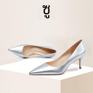 เซ็กซี่ ทันสมัย รองเท้าส้นสูง ผู้หญิง สไตล์ใหม่สีเงิน 6 ซม. ส้นกลางแบบสวมส้นบางชี้นิ้วเท้ารองเท้าเดียวสบาย หนัง