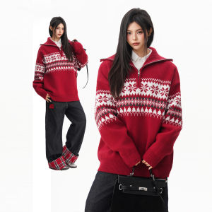 BWKA | New Year Red Half Zip Pullover Sweater Heavy Weight Lazy Style Warm Knitwear