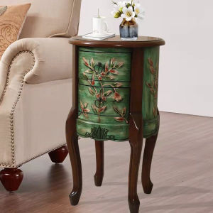 Retro Painted Solid Wood Bedside Table American Style Small Corner Cabinet Flower Stand Side Table Small round Table Double Drawer Bambé Cabinet