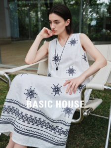 Basic House | White Linen Printed Sleeveless Dress