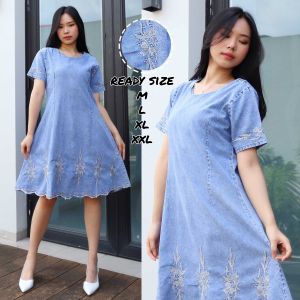 Dress Jeans Bordir Dress Denim Lengan Pendek Import