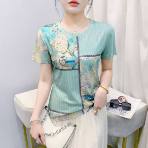 REHIN เสื้อยืดแขนสั้นลายไม่เหมือนใครแฟชั่นใหม่ฤดูร้อนเข้ารูปพอดีคอกลม S-3XL ผู้หญิง