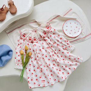 Pure Cotton Long Sleeve Embroidered Princess Dress for Girls Baby Cherry Stitched Collar New Autumn Fashion Childrens Clothing