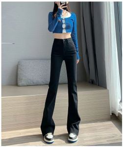 Spring & Fall Slightly Flared Jeans Womens Retro Smoky Gray Slim Looking Silm Slim Looking Small High Waist Cropped Horseshoe Pants