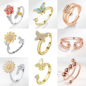 Rotating Anxiety Knuckle Ring Women Spinner Fidgets Butterfly Flower Charm Anti Stress Rings Banquet Party Jewelry Accessories