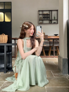 imimtuan | Đầm Dây Màu Sắc Thuần Túy Phong Cách Pháp Cổ Điển Có Nơ