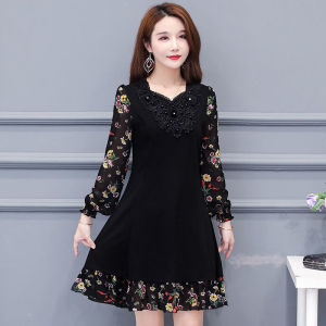 Fashionable Long Sleeve Midi Dress Chiffon Womens Clothing Spring Autumn High Waist A-Line Skirt Casual Style V-Neck Dress