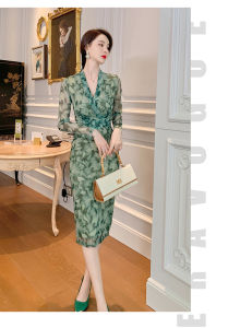 ZY·HT Fashion Casual Print Dress Mesh Long Sleeve V Neck Slim Green Midi Resort Dress 5428 eravogue