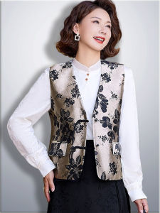 Elegant Mom Spring Autumn Fashion National Style Print Vest Coat Middle Aged And Elderly Women V-neck Small Suit Vest Shoulder