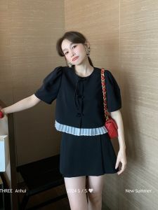 F.tee Three Sisters Summer New Chinese Style Lace Splicing Short Sleeve Top Slimming Half Skirt Two Piece Set Women