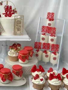Wooden Screen Wedding Cake Decoration Traditional Chinese Style Red Pudding Bottle Cap Mousse Cup Double Happiness Sticker Dessert Table Decor