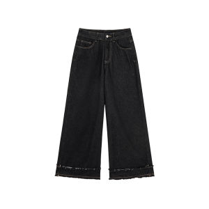 NIHAOKANONG | Quần Jeans Nữ Ống Rộng Cổ Điển Lót Nỉ Gấu Vải Bụi