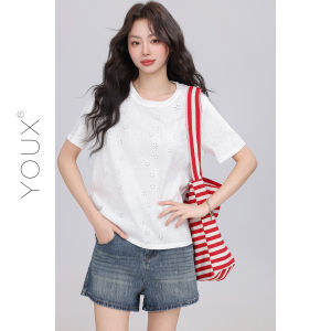 YOUXIANG | Áo Thun Tròn Cổ Thêu Hoa