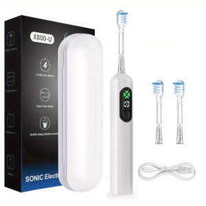 Smart Sonic Electric Toothbrush with 2 Replaceable Heads LCD Screen 4 Modes PX7 Waterproof Teeth Whitening Wave Toothbrushes