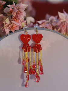 ต่างหูรูปหัวใจสีแดงแบบไม่ต้องเจาะรู ดีไซน์รetro สำหรับผู้หญิง ชุดแต่งงาน ต่างหูแบบคลิป วัสดุผสม