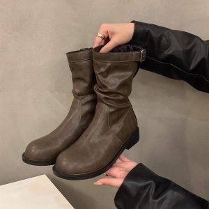 Retro Thick Heel Martin Boots Womens Mid-Calf Fleece Lined Short Boots Autumn Winter Fashion Boots round Toe Rubber Outsole