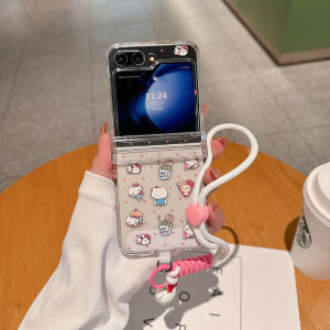 Sanrio | INS Korean Kawaii Sanrio HelloKitty Girlish Case for Samsung Galaxy Z Flip 8 7 6 5 Anti-lost Wristband Cute Phone Protect Cover