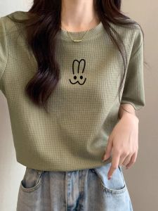 Waffle Niche Style Short-Sleeved T-shirt for Women Stylish Niche Style Plus Size Plus Size Ladies Loose Oversize Casual Tops Fashion