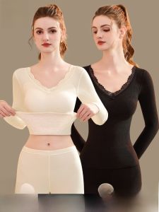 Đồ ngủ nữ MiiOW lót lông cừu giữ nhiệt liền thân tay dài cổ V màu trơn