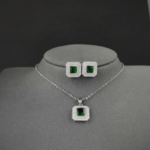 Silver Color Luxury Turkish India African Jewelry Set Zircon Stud Earrings and Necklace Pendant Wedding Gifts E668-x503-green