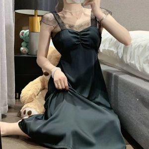 Váy Ngủ Ren Tay Ngắn Gợi Cảm Mùa Hè Váy Ngủ Lụa Băng Kiểu Pháp Có Đệm Ngực Váy Công Chúa Dài Đến Giữa Bắp Chân