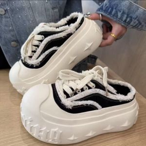 Korean Style Thick Bottom Canvas Slip-On Womens Shoes Spring Summer Fashion Casual Platform Cross Strap High Heel Sandals