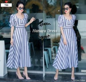 ●ECLAIRE● 063 Dress Midi Lengan Pendek Shortsleeves Leher Hati Motif Stripe Salur Garis-garis Kasual Casual Korea Mode Pesta 799