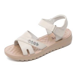 SHIPAILUO | Embroidered Leather Soft Bottom Flat Sandals For Mom Beach Shoes Anti-Slip Casual Low Cut Slip-On Elderly Women Comfortable Footwear