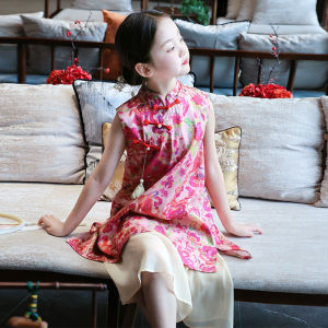 DSF Studio Red Girls Cheongsam Dress Chinese Style Improved Guzheng Childrens Hanfu Dress Summer New Chinese Tang Style Skirt