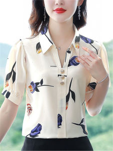 Summer Fashion Womens Shirt Short Sleeve Chiffon Top Korean Style V-neck Print Splice Polyester Fiber Regular Length Button Detail