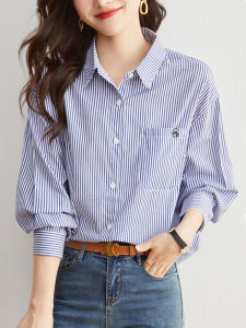 Blue Striped Long Sleeve Cotton Shirt Womens Spring New Style Simple Commute Loose Fit Top Kefenge Womens Shirt 2025