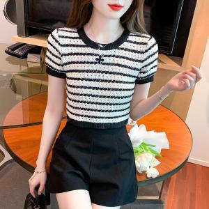 Color Block Stripe Ice Silk Knitted Short Sleeve T Shirt Women Summer Fashion Slim Fit Versatile Short Length Top Daily Wear