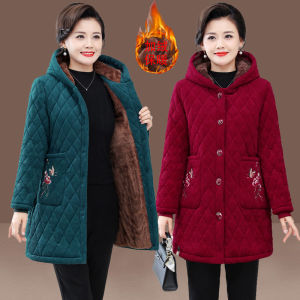 Áo Bông Nhung Kẻ Dày Dặn Lót Lông Áo Khoác Trang Phục Cho Mẹ Người Trung Niên Và Cao Tuổi Mẫu Mới Cho Nữ Áo Bông Áo Bông Liền Mũ Mẫu Dài Vừa