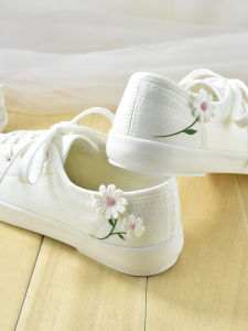 Fall Womens Ethnic Style Hanfu Embroidered Artistic  Canvas White Sneakers Low Help Single Color Daisy Casual Traditional Cloth Shoes