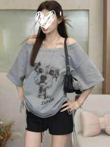 plus Size Korean Style One Shoulder Short Sleeve T-Shirt Womens Summer New Style Cover Belly Slimming Overhead Top