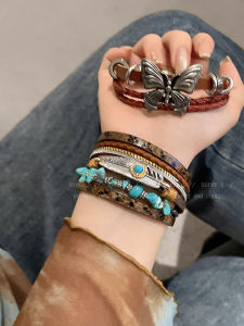 Bohemian Retro Ethnic Style Multi-Layered Leather Turquoise Butterfly Feather Bracelet Womens Fashion Jewelry Hand Chain
