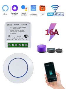 Tuya WiFi สมาร์ทสวิทช์ 16A RF 433 เมกะเฮิร์ตซ์รีเลย์ไร้สายตัวรับสัญญาณมินิรอบแผงสวิทช์ควบคุมเสียง Alexa Google Home Alice