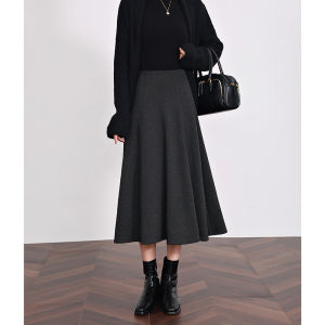 Deep Grey A-Line Skirt Womens Autumn Winter New Style Mid-Length Wide Hem Commute High Waist Acetate Wool Half-length Skirt