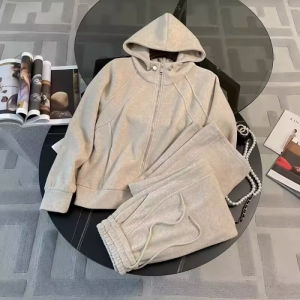 Fashionable Sportswear Set Womens Loose Fleece Hoodie Wide Leg Pants Two Piece Set Autumn Winter Chic Style Zipper Closure