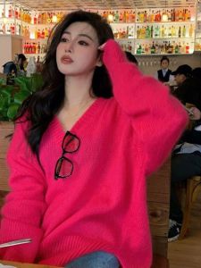 Loose Fit V-Neck Knitwear Casual Style Womens Sweater Trendy Lazy Fashion Burgundy Color Autumn Season Long Sleeve Thermal