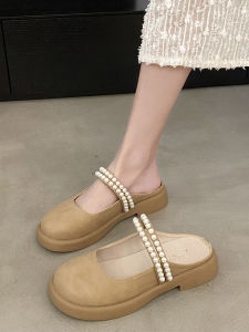 รองเท้าแตะส้นหนา Mary Janes สำหรับผู้หญิง ทรงครึ่งหัว ทรงหัวมน รองเท้าแตะแบบสวมสบายสำหรับกลางแจ้ง ทรงหัวมน ทรงหัวมน