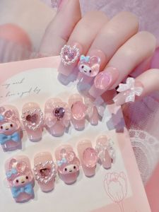 Cartoon Dopamine Wear Nail 2024 Pretty Girl Kawaii Melody Pink Gentle Small Crowd White Fake Nails