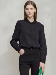 AMII | French Elegance Pearl Black Trim Blouson Sleeves Long Sleeve Shirt