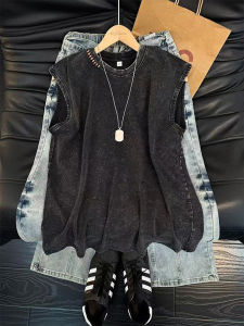 LIUBU | Washed Aged Black Hand-stitched American Style Small Collar Vest