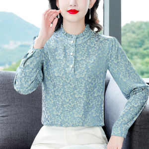 Long Sleeves Silk Jacquard Shirt for Women Spring New Arrival Stringy Selvedge Stand-up Collar Elegant Mulberry Silk Top Ladieswear Western Style Shirt